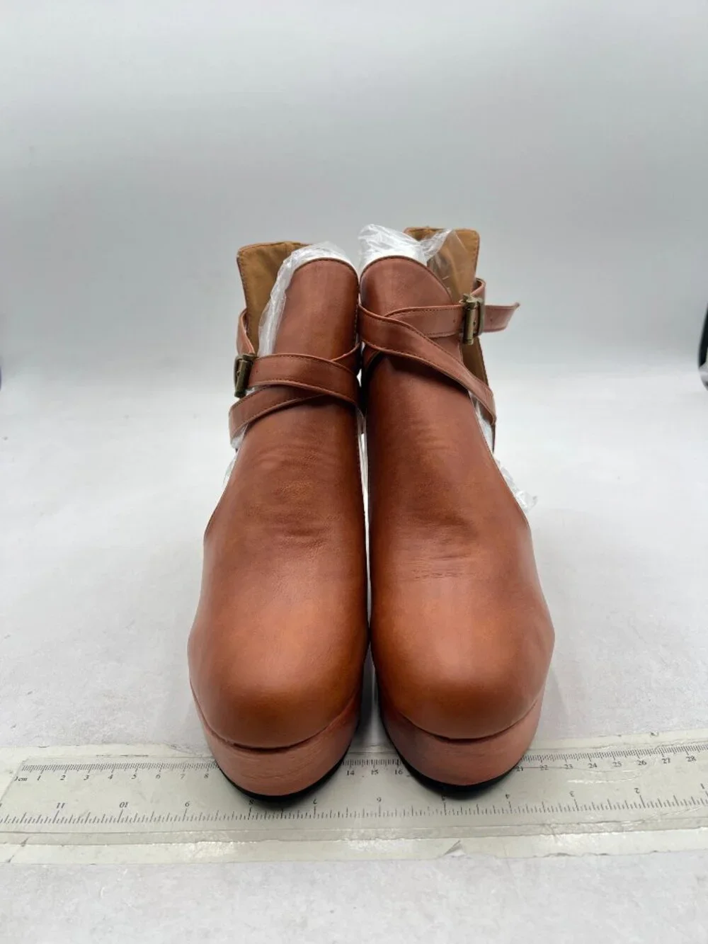 Brown Womens Platform Round Toe Cutout Strap Buckle Cork Block Heel  Ankle Boot